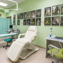 Jasnozielony gabinet lekarski z białym fotelem zabiegowym, aparaturą USG i czarno-białymi zdjęciami muzyków rockowych na ścianie.