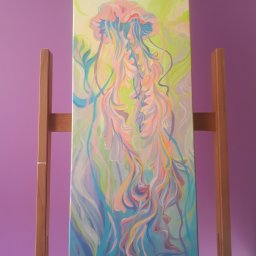 Farby akrylowe i gouache.
Bawełniane płótno, 30x80 cm