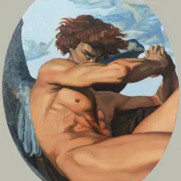 Owalny obraz olejny przedstawiający Upadłego Anioła z ciemnymi skrzydłami, rudymi włosami i ponurym wyrazem twarzy, wzorowany na dziele Alexandre Cabanela.