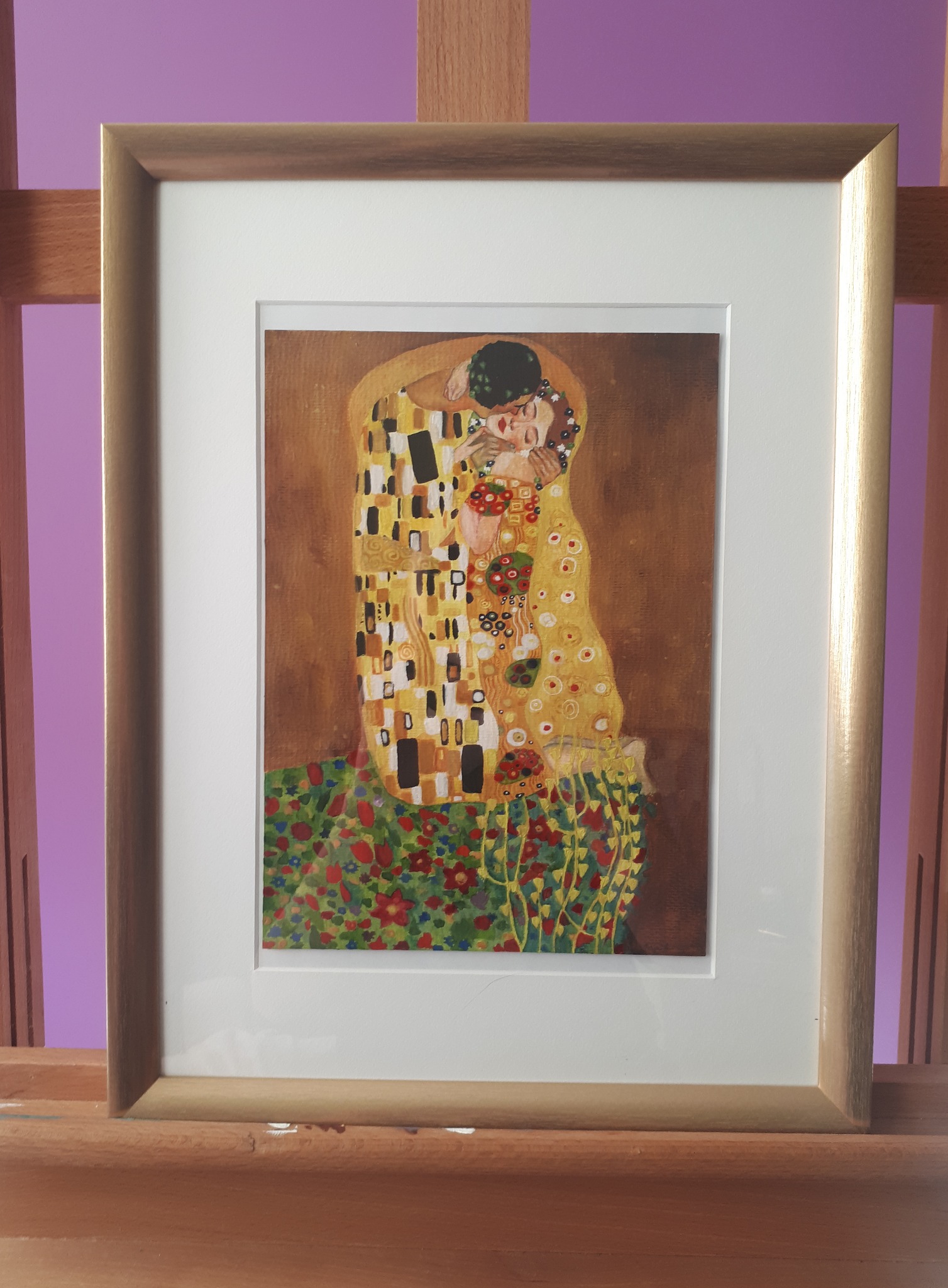 'Pocałunek' G. Klimt. Farby akrylowe, 19x27 cm.