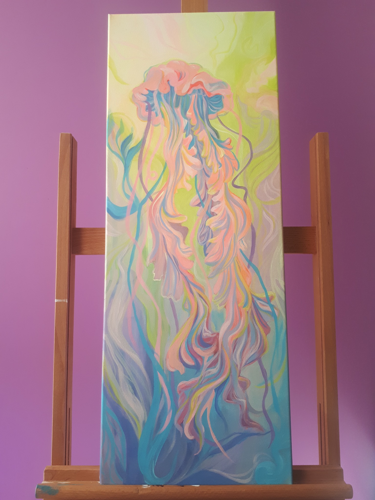 Farby akrylowe i gouache. Bawełniane płótno, 30x80 cm