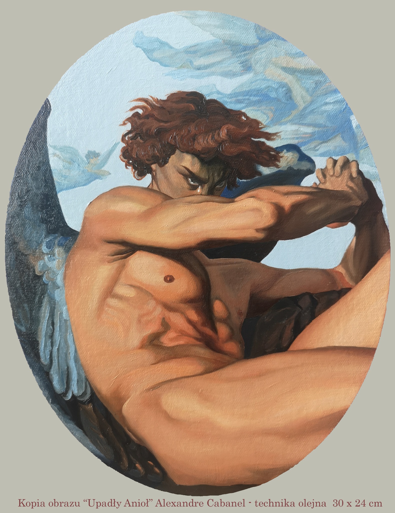 Owalny obraz olejny przedstawiający Upadłego Anioła z ciemnymi skrzydłami, rudymi włosami i ponurym wyrazem twarzy, wzorowany na dziele Alexandre Cabanela.