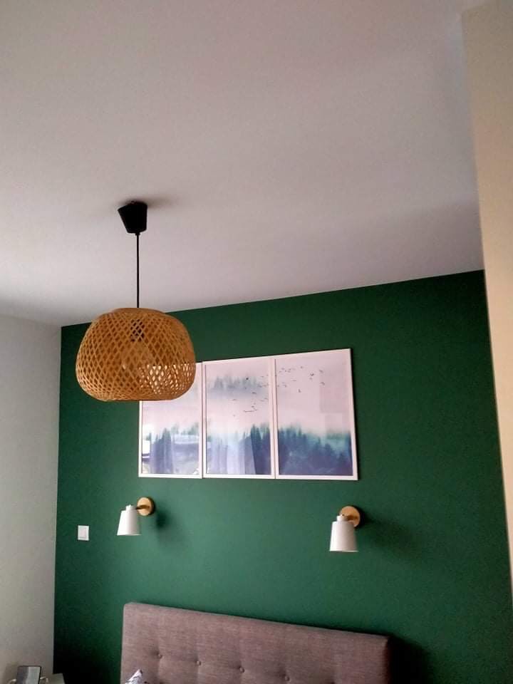 Pomieszczenie z zieloną ścianą, trzema obrazami w białych ramkach, plecioną lampą wiszącą i dwoma kinkietami nad wezgłowiem łóżka.