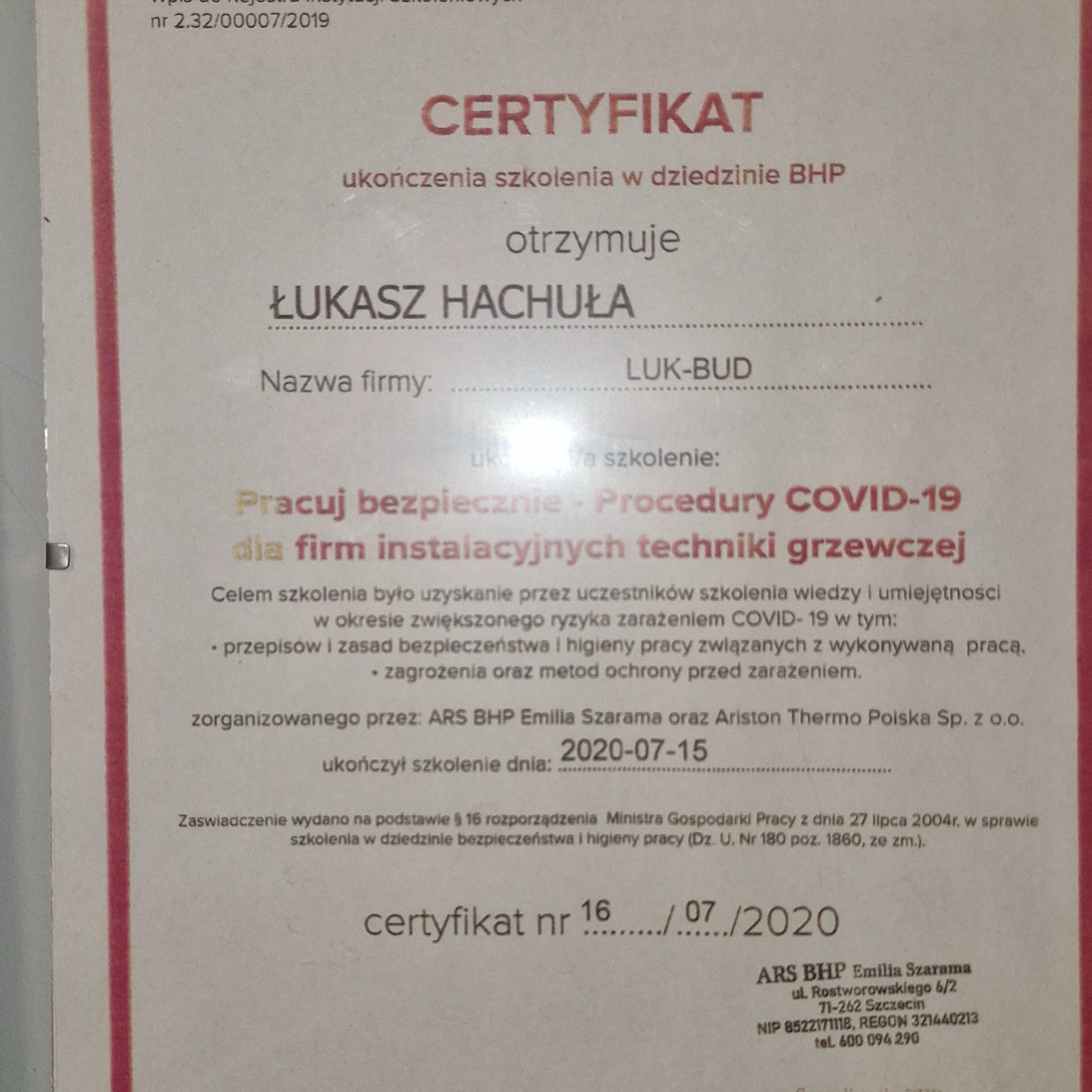 Skan certyfikatu BHP ukończenia szkolenia dla firm instalacyjnych techniki grzewczej, wydany dla Łukasza Hachuły, nazwa firmy LUK-BUD, data szkolenia 2020-07-15.