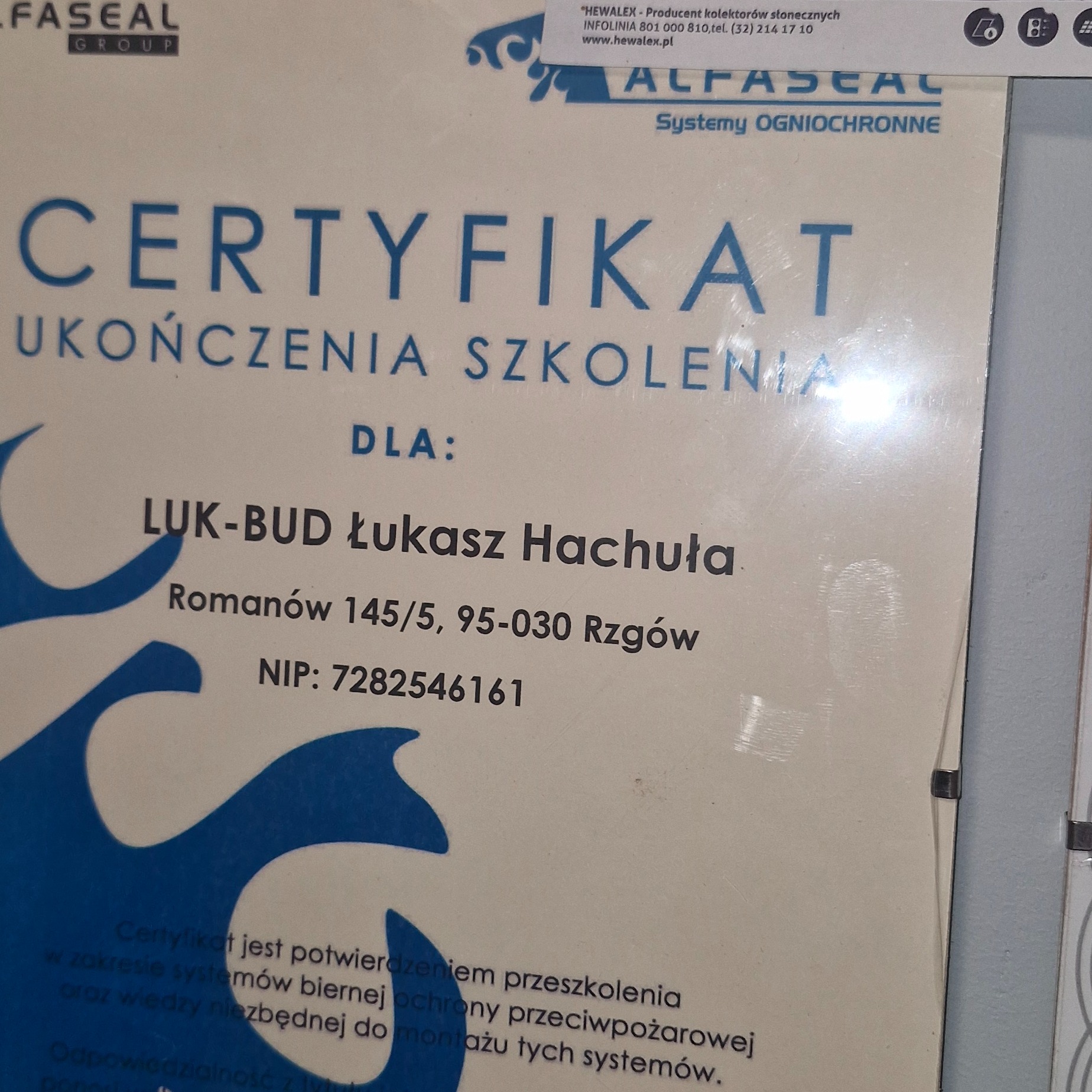Certyfikat ukończenia szkolenia dla firmy LUK-BUD Łukasz Hachuła, Romanów 145/5, Rzgów, NIP 7282546161, w zakresie systemów biernej ochrony przeciwpożarowej.
