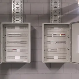 Dwa otwarte panele elektryczne na szarej ścianie z betonowych bloków, widoczne wyłączniki i dokumentacja wewnątrz, nad nimi metalowe korytka kablowe.