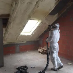 Pracownik w kombinezonie ochronnym aplikuje pianę izolacyjną na poddaszu z oknem dachowym, widoczne krokwie i fragment ściany z cegły dziurawki.
