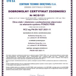 Certyfikat okien:
Dotyczy okien stałych i otwieranych o podwyższonej odporności na włamanie systemu PONZIO PE68 o klasie RC2.