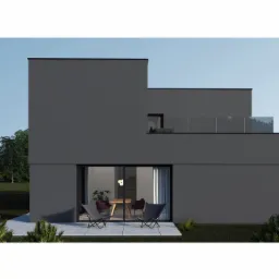 Wizualizacja nowoczesnego, dwukondygnacyjnego domu o prostej bryle w odcieniach szarości, z płaskim dachem i przeszklonym balkonem, widok z zewnątrz na taras z dwoma krzesłami i widocznym przez...