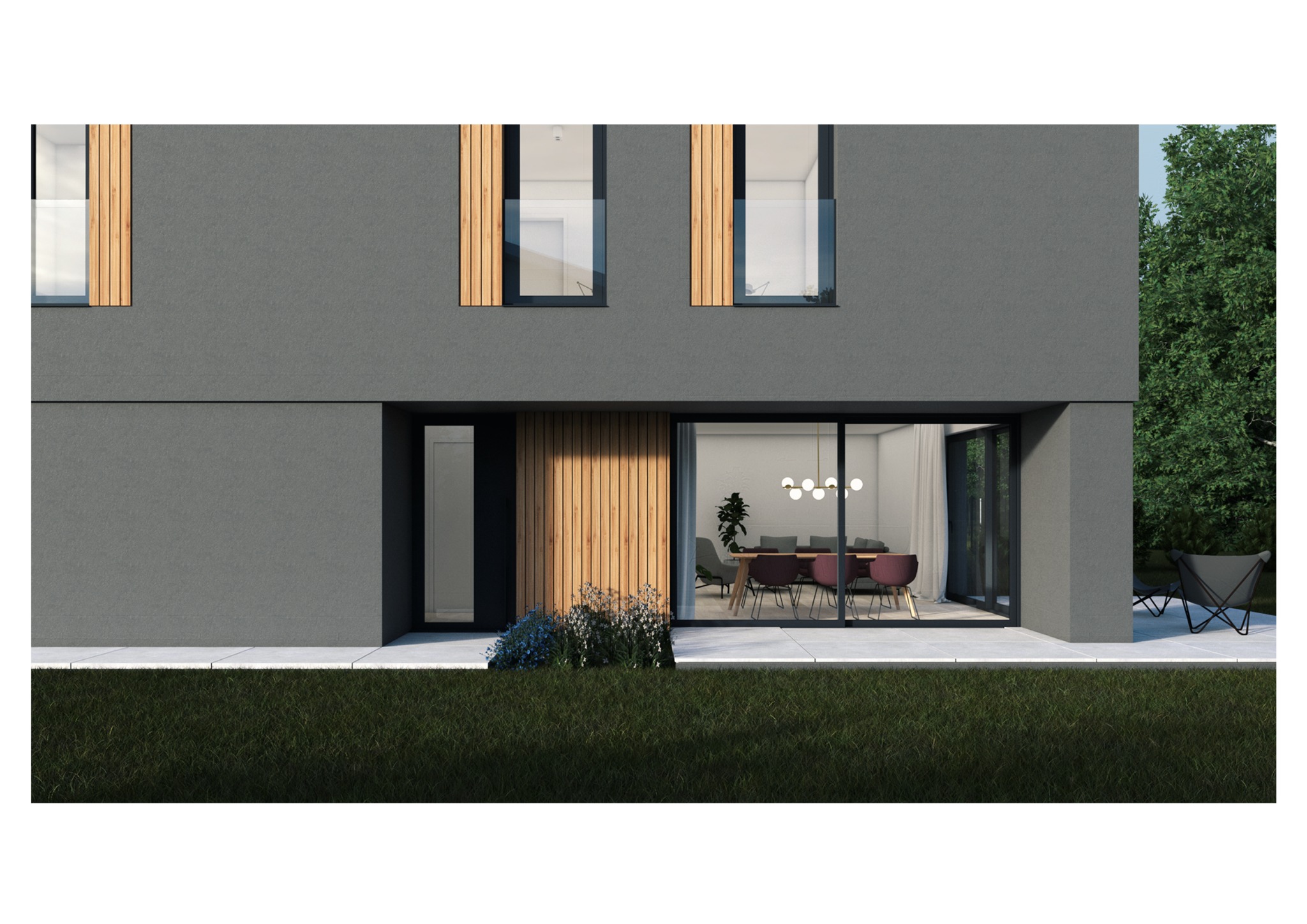 Szara, dwukondygnacyjna fasada domu z drewnianymi akcentami, dużym oknem tarasowym i widokiem na jadalnię z nowoczesnym oświetleniem oraz krzesłami w kolorze burgundu.