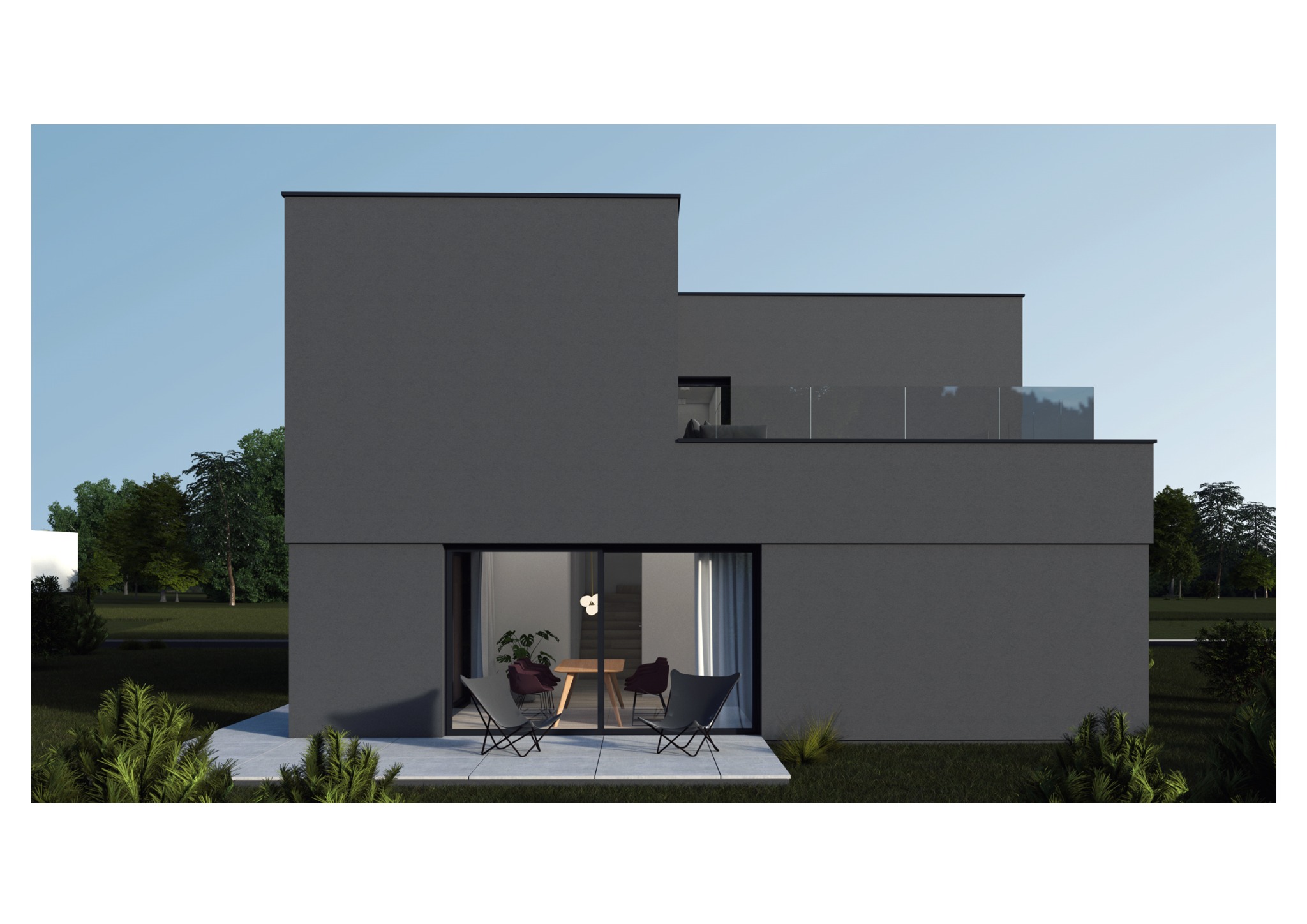 Wizualizacja nowoczesnego, dwukondygnacyjnego domu o prostej bryle w odcieniach szarości, z płaskim dachem i przeszklonym balkonem, widok z zewnątrz na taras z dwoma krzesłami i widocznym przez...