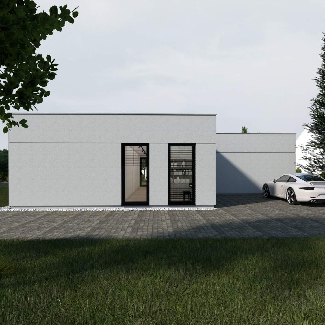 Nowoczesny, parterowy dom z płaskim dachem i dużymi oknami w czarnych ramach, biały samochód sportowy na podjeździe z kostki brukowej.