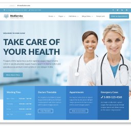 DMPK MEDIA Sp. z o.o. - Zdjęcie przedstawia projekt strony internetowej dla placówki medycznej z hasłem 'Take care of your health', z widocznymi grafikami dwóch uśmiechniętych lekarek w białych fartuchach i stetoskopach...