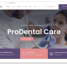 DMPK MEDIA Sp. z o.o. - Zrzut ekranu responsywnej strony internetowej gabinetu dentystycznego z motywem wizualnym opartym na zdjęciu dentysty leczącego małą pacjentkę, z widocznym menu nawigacyjnym, przyciskami akcji...