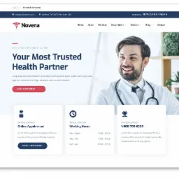 Projekt strony internetowej dla kliniki medycznej w Poznaniu, prezentujący układ z uśmiechniętym lekarzem w tle, sekcje z informacjami o usługach i godzinach otwarcia, oraz nawigację w górnej części.