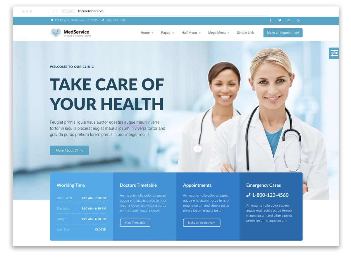 Zdjęcie przedstawia projekt strony internetowej dla placówki medycznej z hasłem 'Take care of your health', z widocznymi grafikami dwóch uśmiechniętych lekarek w białych fartuchach i stetoskopach...