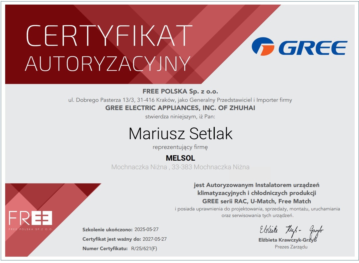 Certyfikat autoryzacyjny dla Mariusza Setlaka od FREE POLSKA Sp. z o.o. jako autoryzowanego instalatora urządzeń klimatyzacyjnych GREE. Ważny do 2027-05-27.