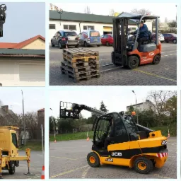 Zestawienie zdjęć: dźwig samochodowy z hakiem, wózek widłowy z paletami, podnośnik nożycowy na budowie, podnośnik koszowy z pracownikami, wózek teleskopowy z operatorem, logo firmy szkoleniowej KMP.