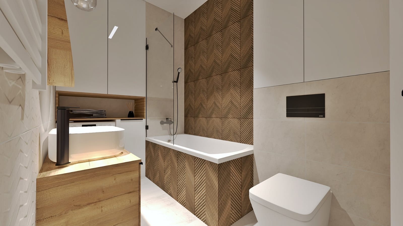 Nowoczesna łazienka z drewnopodobnymi płytkami ułożonymi w jodełkę na obudowie wanny i ścianie, biała ceramika, szafki w jasnym odcieniu i czarna armatura.