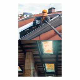 Montaż okna dachowego: Pracownik w pomarańczowej czapce instaluje ramę okna na dachu z czerwonej dachówki, widok z zewnątrz i od wewnątrz poddasza z zamontowanymi oknami dachowymi.