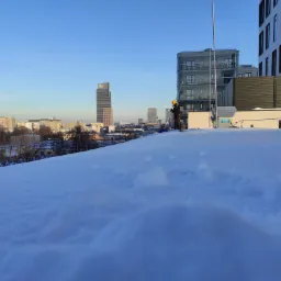 Pracownik w żółtym kasku usuwa śnieg z dachu budynku za pomocą długiego narzędzia, w tle panorama miasta z wysokimi budynkami.