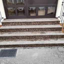 Granitowe schody wejściowe z metalową balustradą prowadzące do brązowych drzwi z szybami.