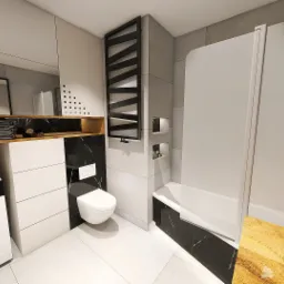 Wizualizacja nowoczesnej łazienki z pralką Midea, toaletą podwieszaną, kabiną prysznicową i grzejnikiem drabinkowym na tle płytek imitujących marmur.