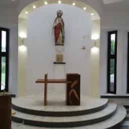 Oświetlenie kościelne: Reflektory punktowe nad łukiem, kinkiety ścienne obok okien, marmurowe schody prowadzące do ołtarza z drewnianą amboną z motywem zboża.