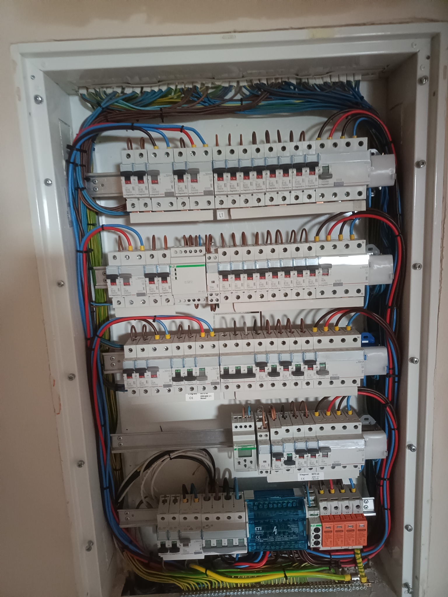 Rozdzielnica elektryczna z zainstalowanymi bezpiecznikami, przewodami oznaczonymi kolorami i elementami zabezpieczającymi, zamontowana w białej obudowie w trakcie prac instalacyjnych.