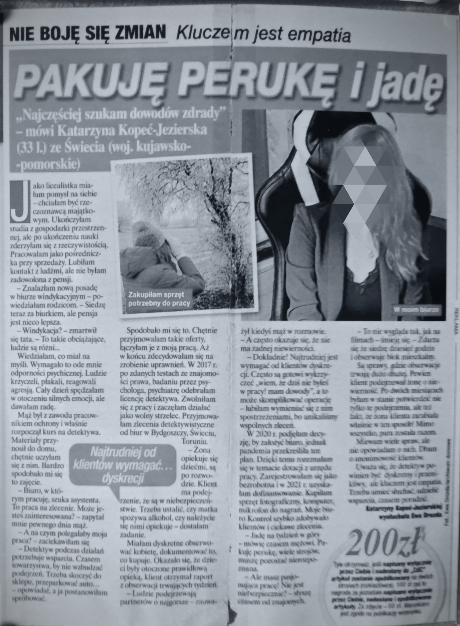 Artykuł prasowy z wywiadem z detektywem, Katarzyną Kopeć-Jezierską, o jej pracy, metodach i podejściu do klientów. Fragment zdjęcia kobiety w tle.