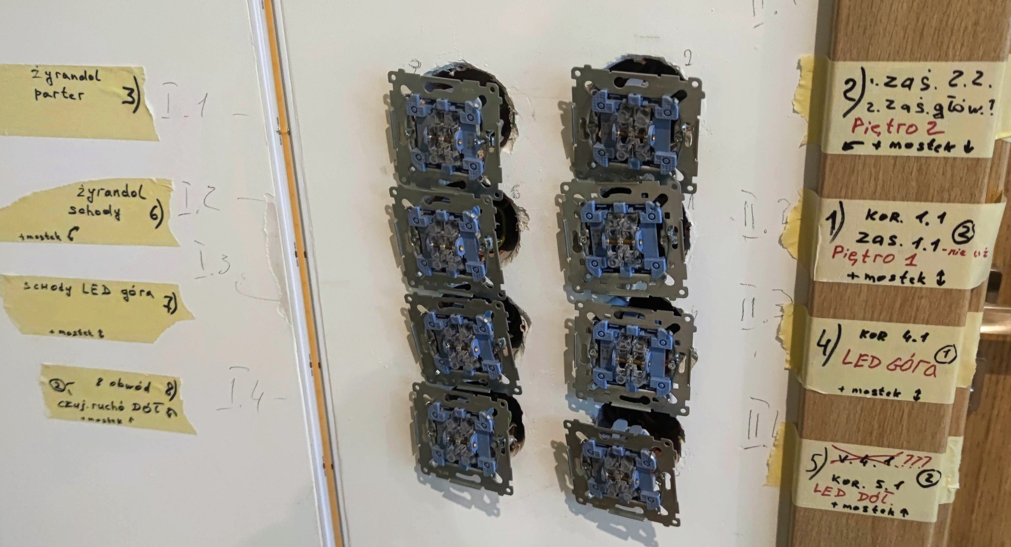 Rząd zamontowanych, surowych puszek pod włączniki światła na białej ścianie, obok widoczna lista z opisami obwodów oświetleniowych, przyklejona do drewnianej framugi drzwi.