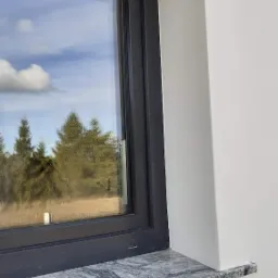 Fragment elewacji z oknem o grafitowej ramie, parapet z szarego granitu, widok na las i błękitne niebo z chmurami.