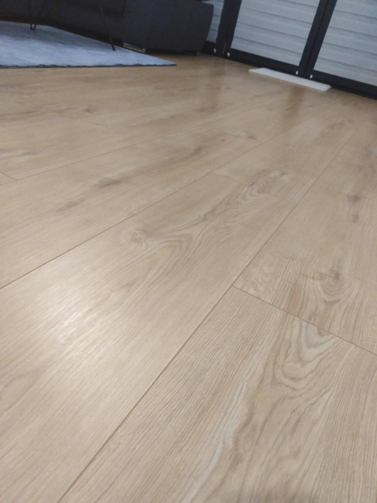 Jasne panele podłogowe z widoczną strukturą drewna, ułożone równolegle, z fragmentem szarej sofy i niebieskiego dywanu w tle.