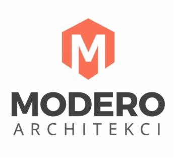 Logo firmy Modero Architekci: pomarańczowy sześciokąt z białą literą M, poniżej napis 'MODERO' i pod nim 'ARCHITEKCI'.