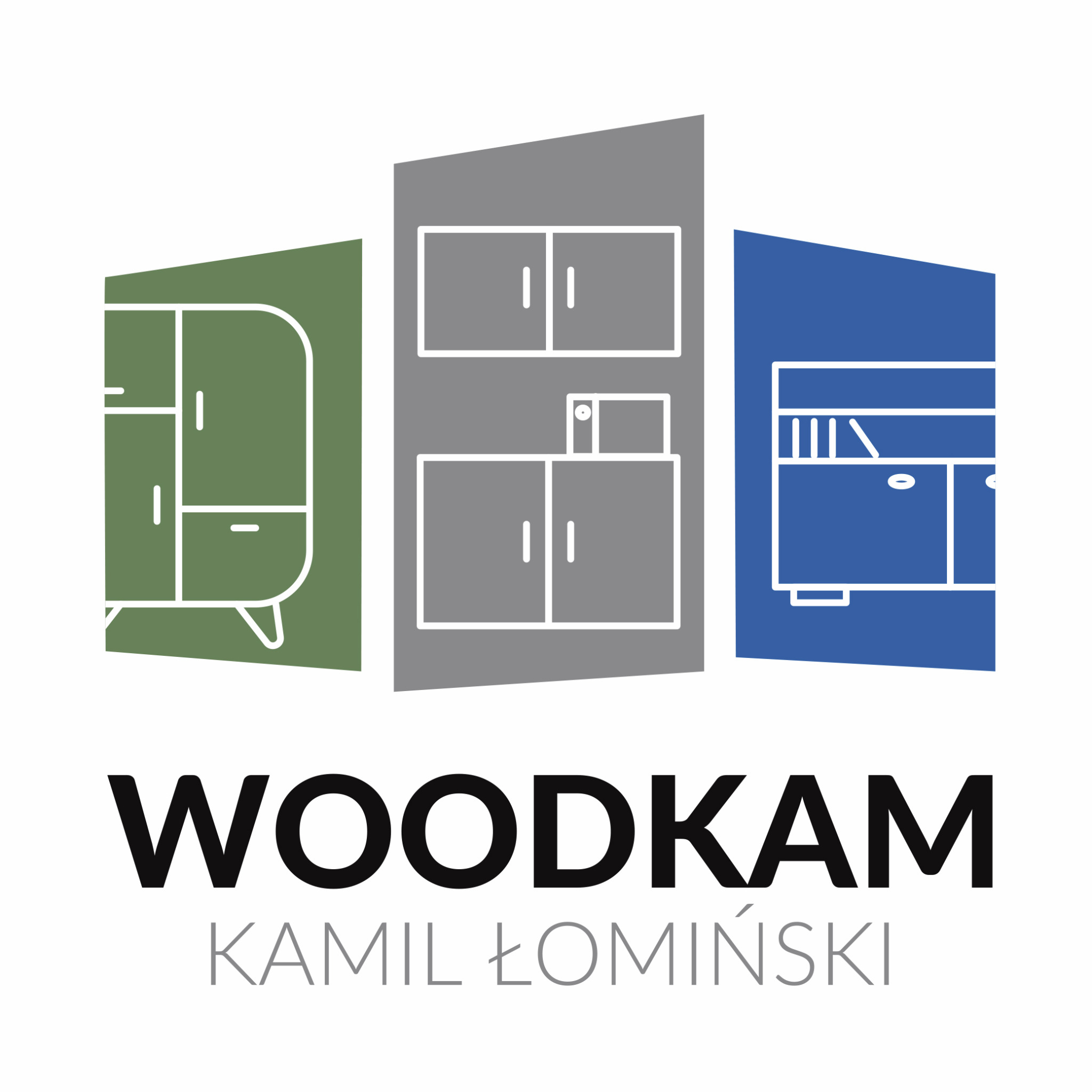 Logo firmy WOODKAM Kamil Łomiński prezentujące schematyczne rysunki szafki na nóżkach w kolorze zielonym, szafki kuchennej w kolorze szarym oraz szafki z szufladami w kolorze niebieskim.