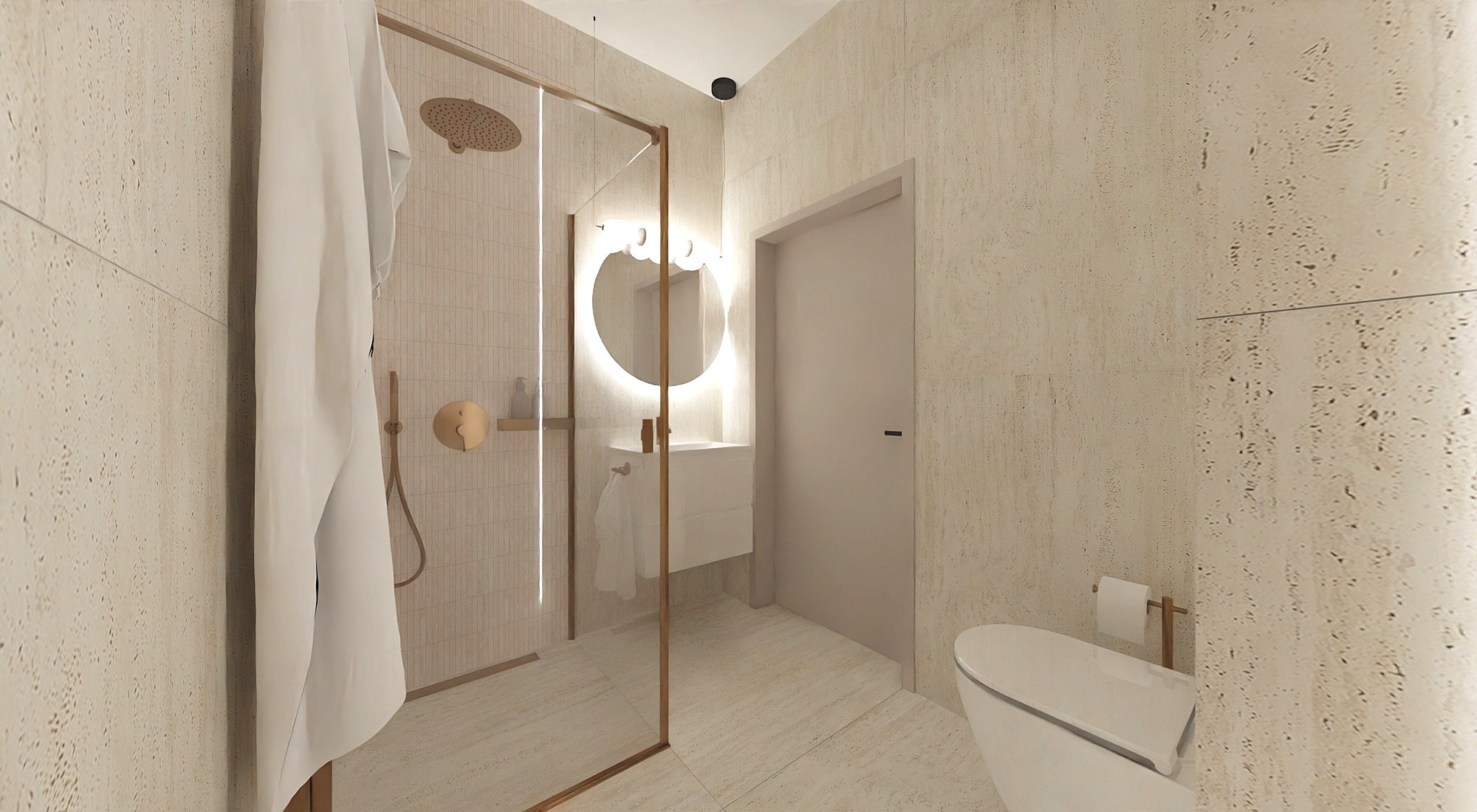 Beżowa łazienka z kabiną prysznicową ze złotymi detalami, okrągłym lustrem z podświetleniem LED i wiszącą toaletą. Minimalistyczny design, ciepłe oświetlenie.