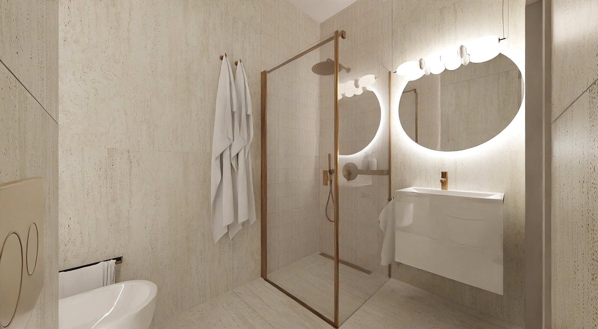 Beżowa łazienka z kabiną prysznicową w złotej ramie, umywalką z szafką i okrągłym lustrem z podświetleniem LED. Minimalistyczny design, jasne płytki imitujące kamień.