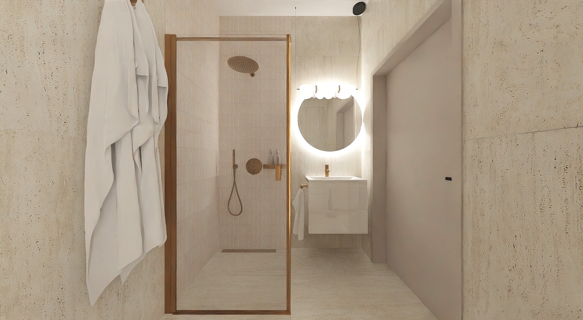 Beżowa łazienka z kabiną prysznicową, okrągłym lustrem z podświetleniem LED i wiszącą szafką z umywalką. Na ścianie wisi biały ręcznik.