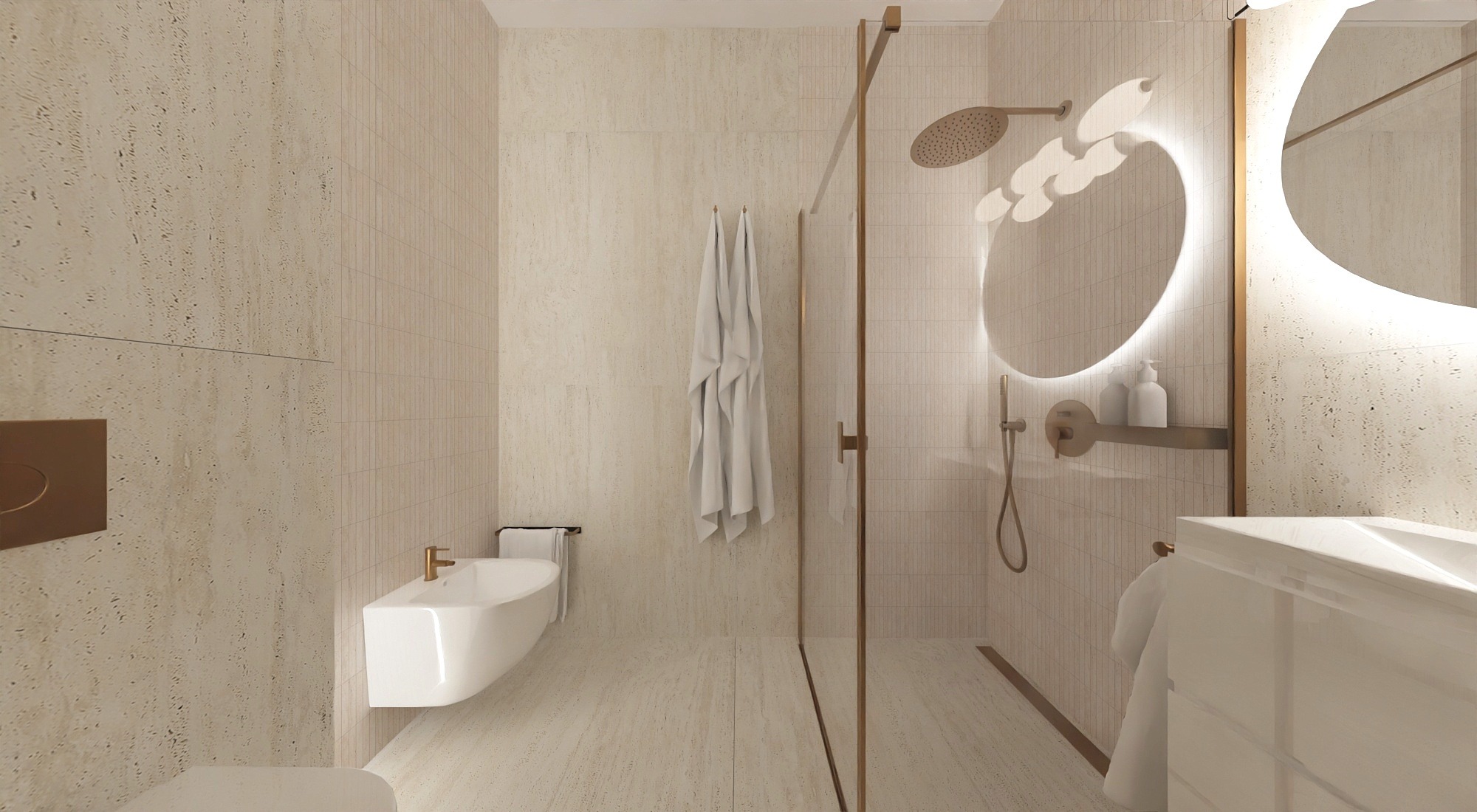 Nowoczesna łazienka z beżowymi płytkami, kabiną prysznicową ze złotymi detalami, podświetlanym lustrem i minimalistyczną armaturą. Widoczny bidet i ręczniki.