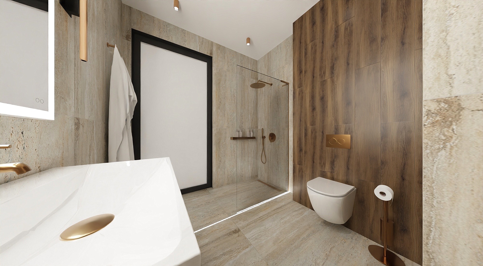 Nowoczesna łazienka z kabiną prysznicową typu walk-in, umywalką nablatową z armaturą w kolorze złota i drewnopodobnymi płytkami na ścianach.