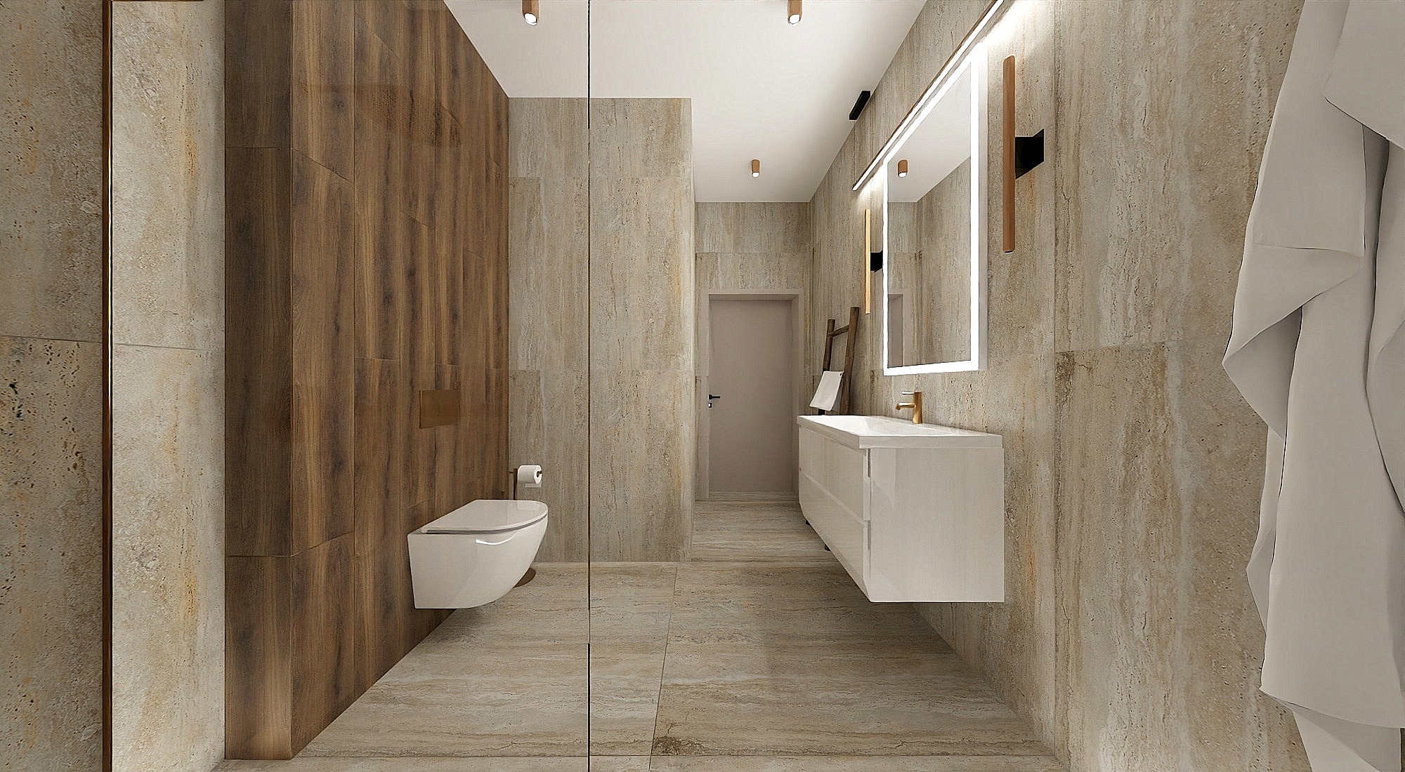 Nowoczesna łazienka z drewnianą ścianą, beżowymi płytkami i podświetlanym lustrem. Minimalistyczna toaleta i umywalka podwieszana. Widoczny ręcznik i drabinka.