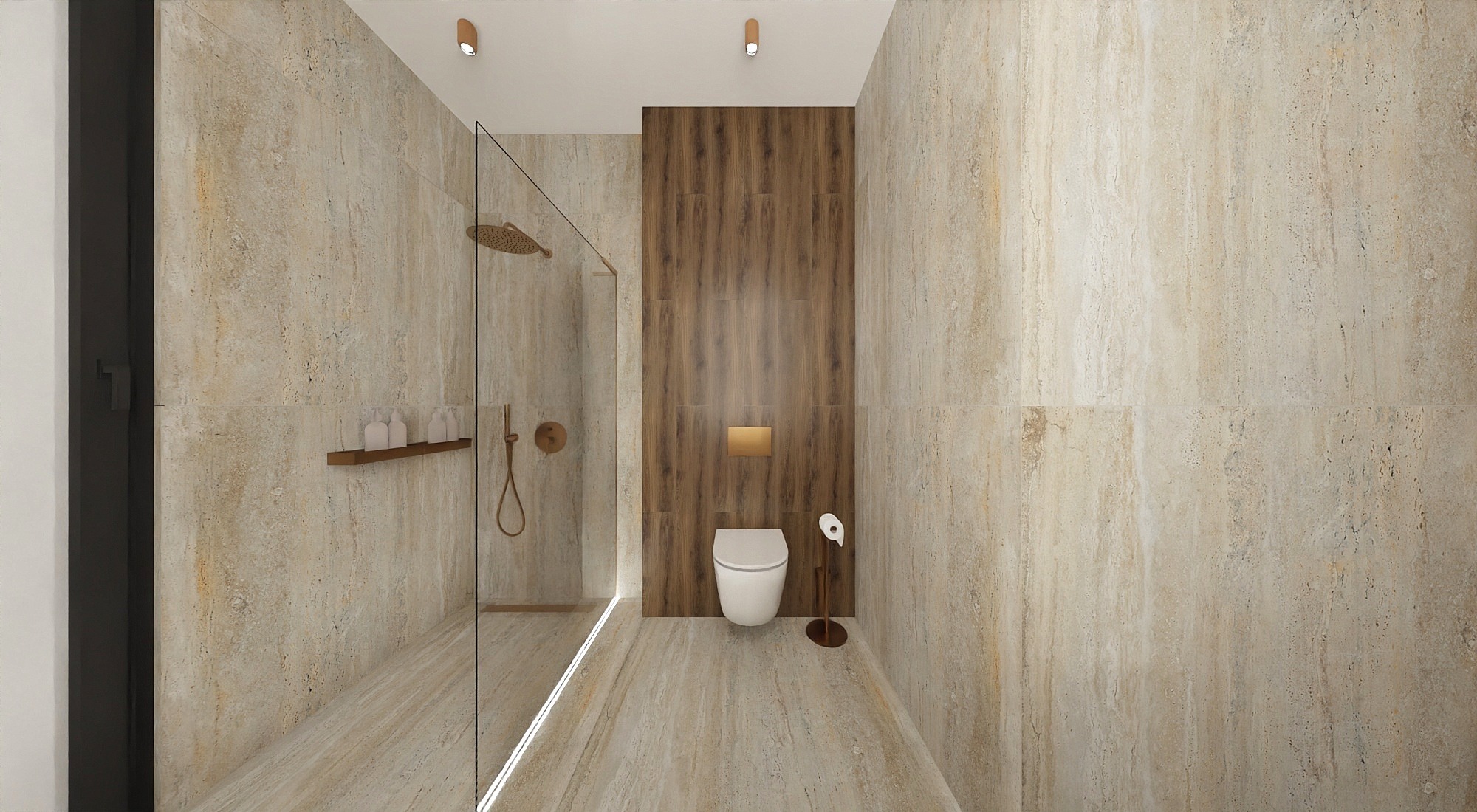 Nowoczesna łazienka z kabiną prysznicową typu walk-in, wykończona płytkami imitującymi trawertyn i drewnem. Minimalistyczny design, oświetlenie punktowe.