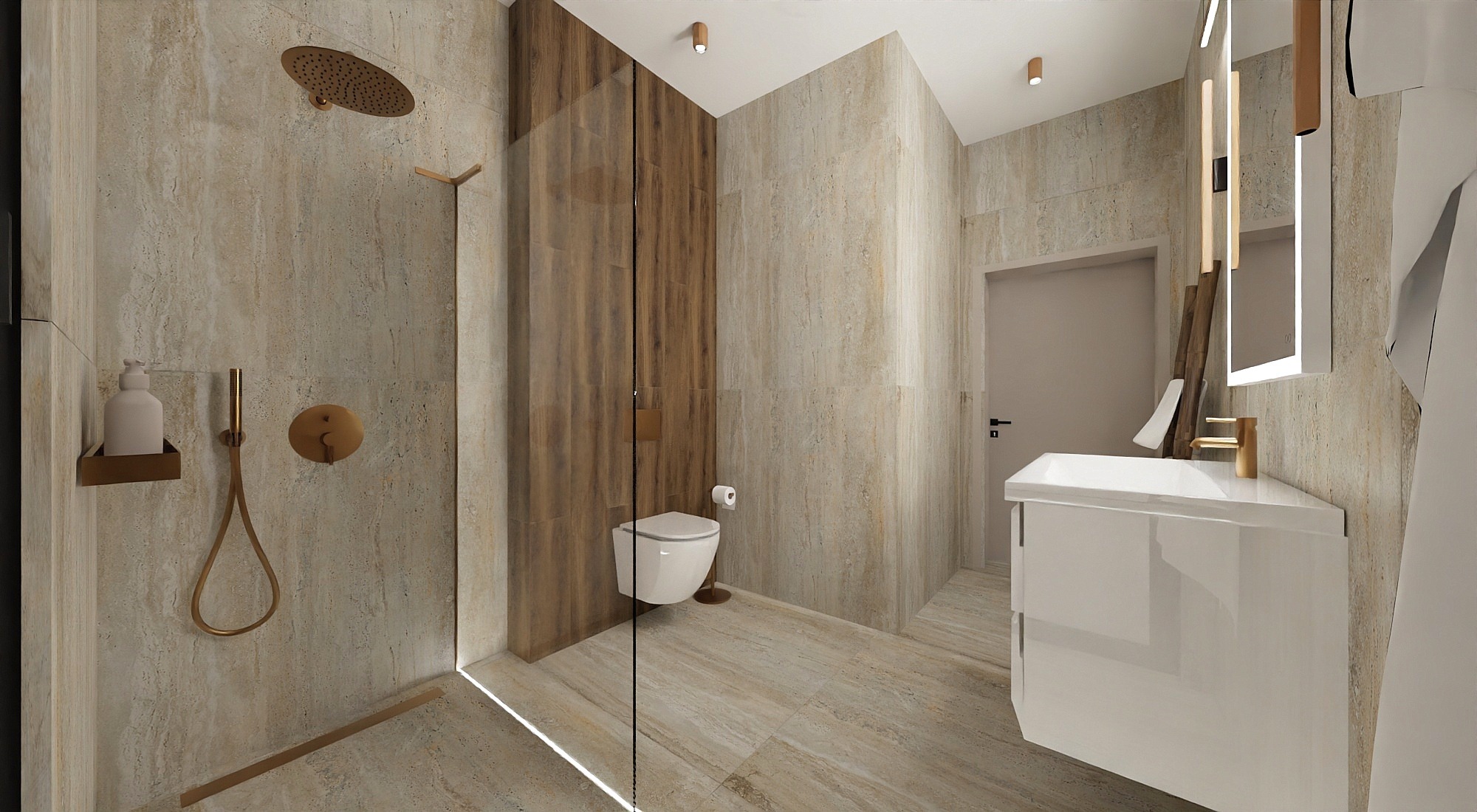 Nowoczesna łazienka z beżowymi płytkami imitującymi kamień, złotą armaturą i kabiną prysznicową typu walk-in. Uwagę zwraca drewniana ściana i minimalistyczna toaleta.
