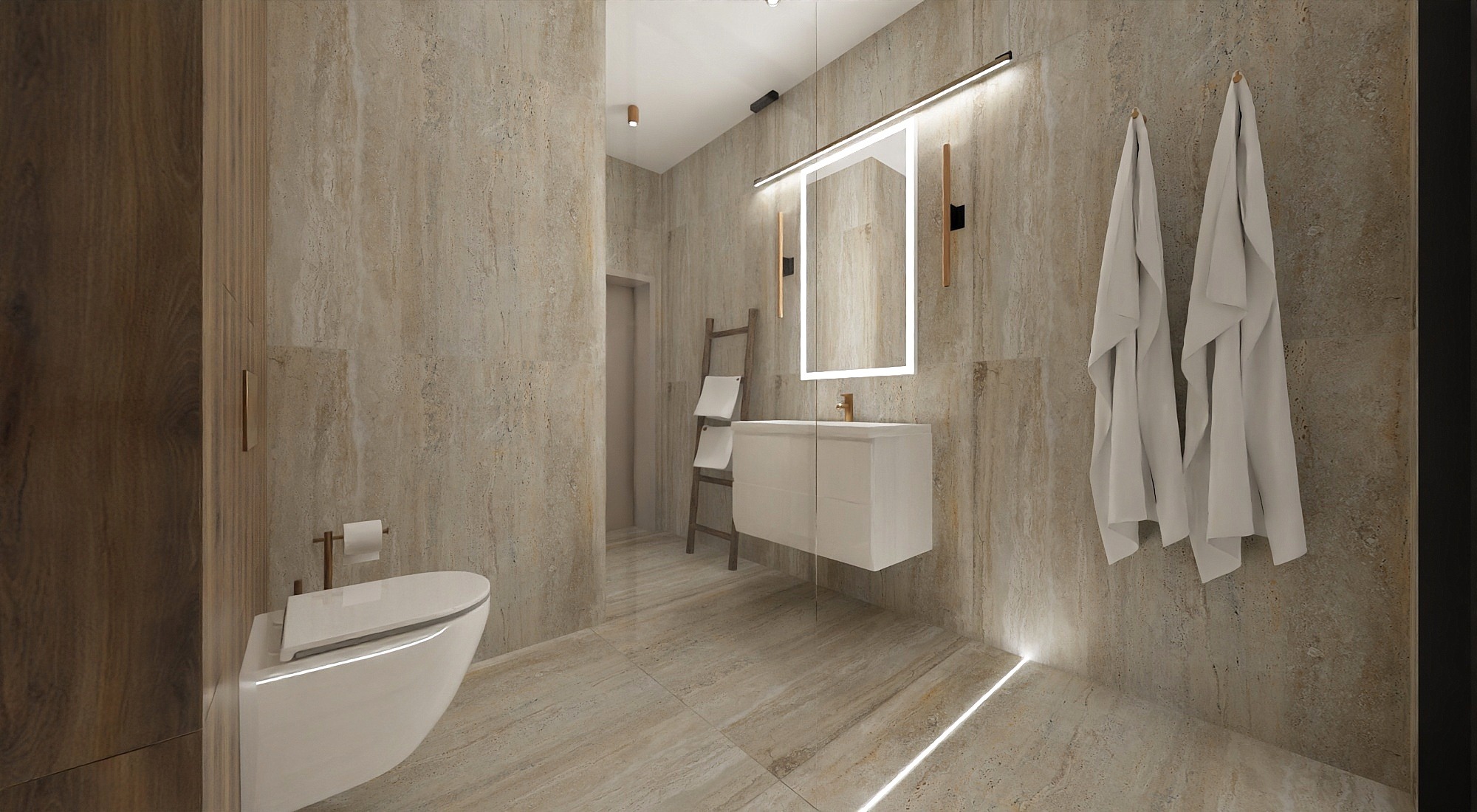 Nowoczesna łazienka z beżowymi płytkami imitującymi kamień, podświetlanym lustrem i minimalistyczną armaturą. Dwa białe ręczniki wiszą na ścianie.