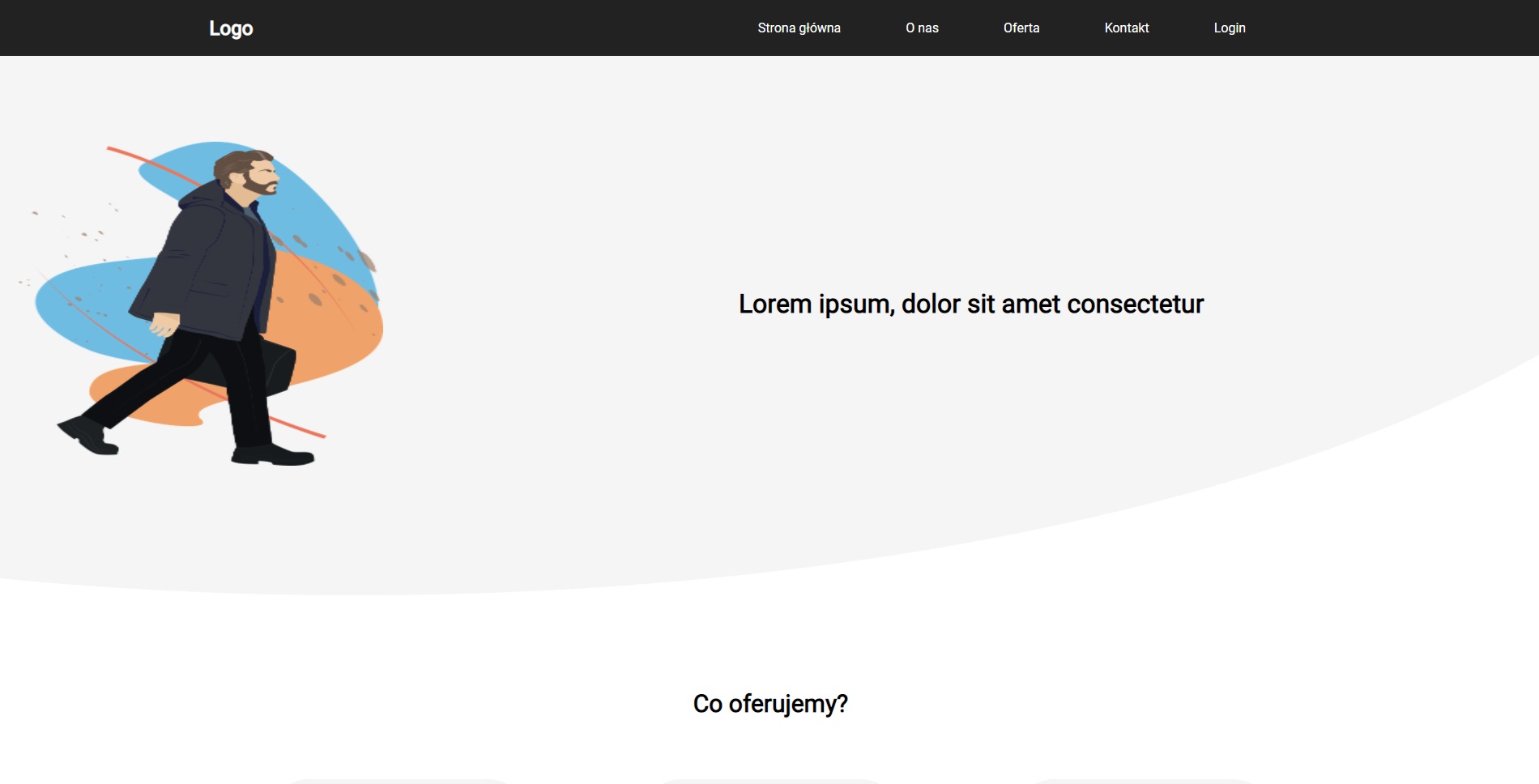 Ilustracja strony internetowej z minimalistycznym designem, przedstawiająca postać mężczyzny z teczką na tle abstrakcyjnych kształtów i tekstu Lorem Ipsum.