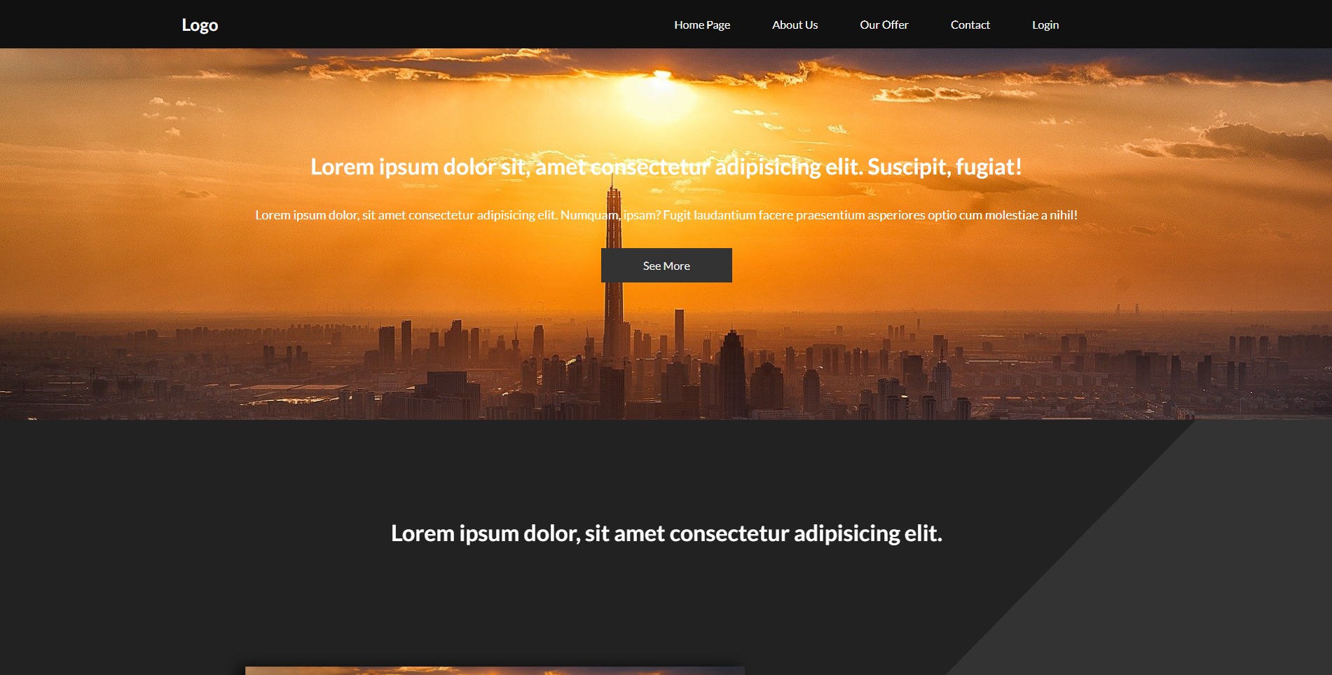 Projekt strony internetowej z widokiem na panoramę miasta o zachodzie słońca w tle, z nagłówkiem zawierającym logo i menu nawigacyjne.