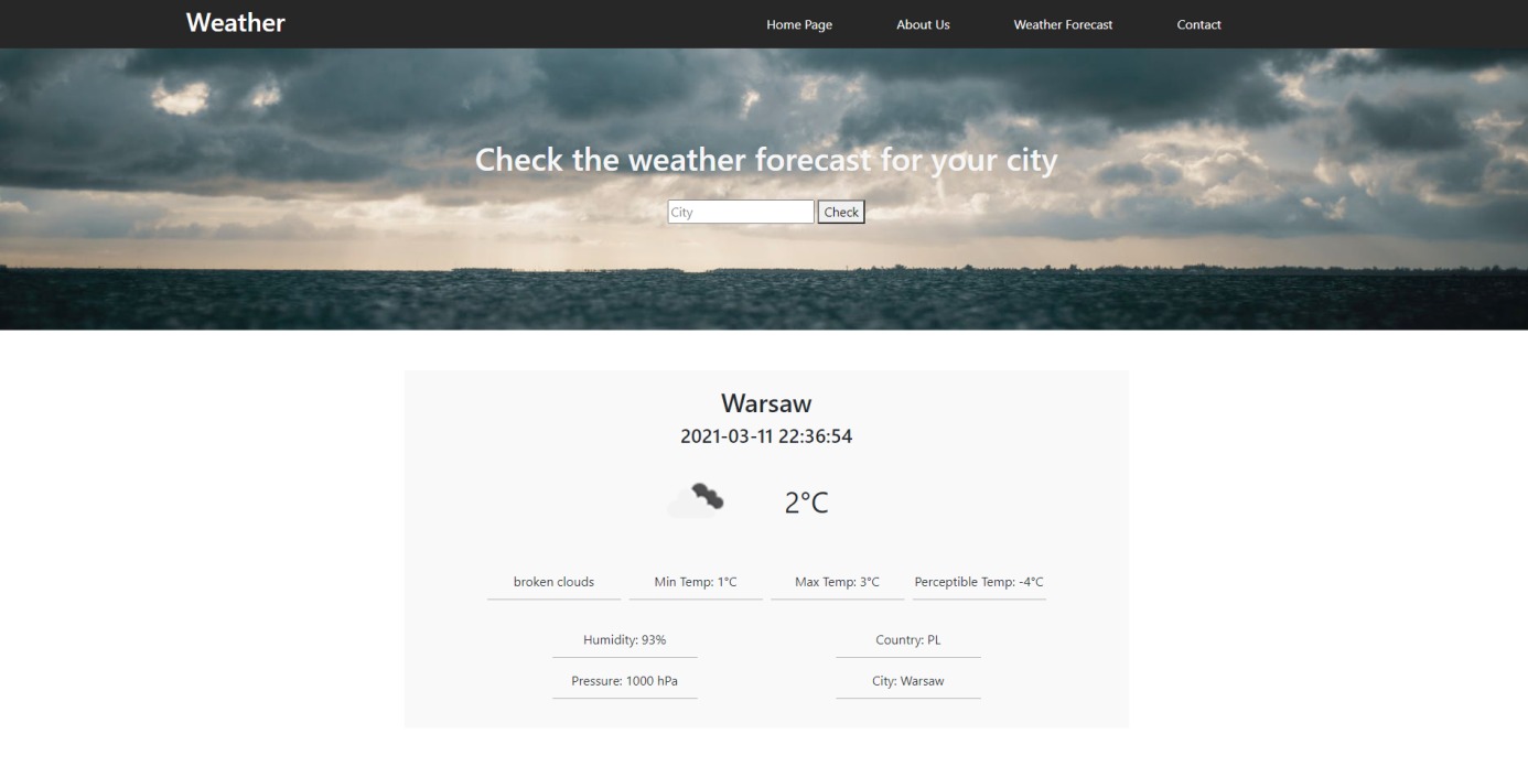 Zrzut ekranu strony internetowej z prognozą pogody dla Warszawy, prezentujący aktualną temperaturę 2°C, zachmurzenie, wilgotność 93% i ciśnienie 1000 hPa, z możliwością wyszukiwania prognozy...