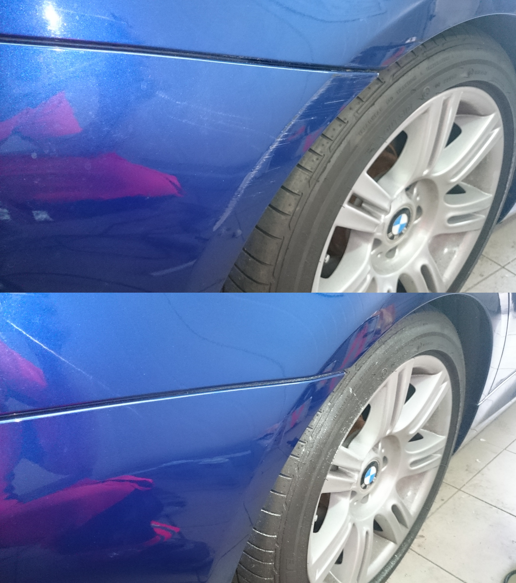 Porównanie stanu lakieru: błotnik niebieskiego samochodu z widocznymi rysami przed i po polerowaniu, ukazujące poprawę wyglądu.