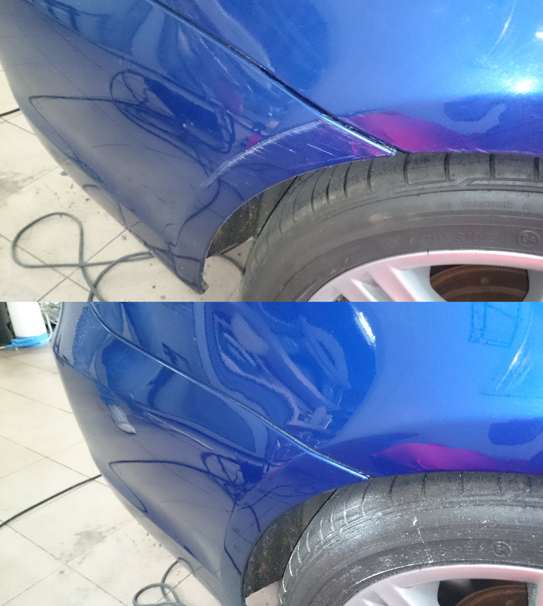 Porównanie stanu błotnika samochodu przed i po naprawie: widoczne rysy i uszkodzenia przed, gładka powierzchnia lakieru po.