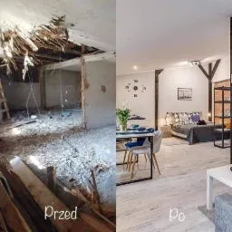 Por&oacute;wnanie stanu pokoju przed i po remoncie: zrujnowane wnętrze z odsłoniętym stropem i gruzem kontra odnowione, jasne pomieszczenie z jadalnią i sypialnią, drewniane elementy konstrukcyjne zachowane.